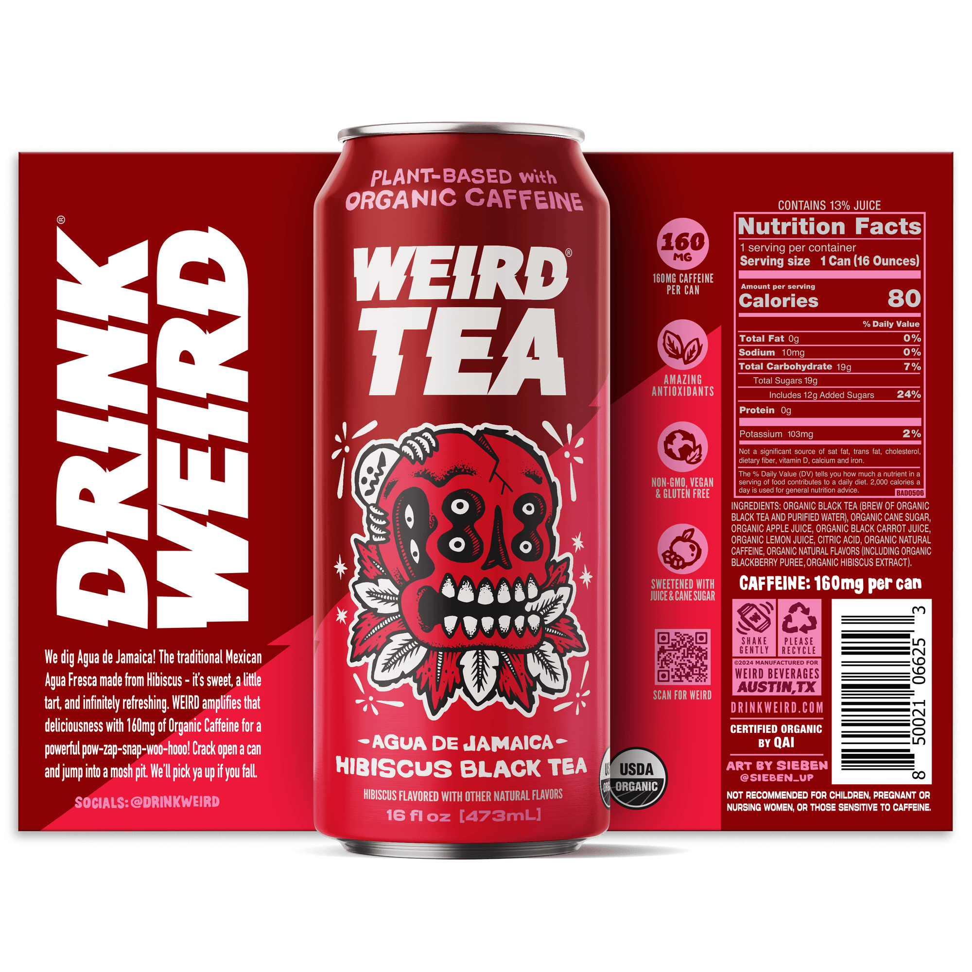 DRINK WEIRD OC Ice Tea 12 Count Case Organic Agua de Jamaica Hibiscus Black Tea (Now Caffeinated!) DRINK WEIRD - Organic Agua de Jamaica Hibiscus Black Tea 50013