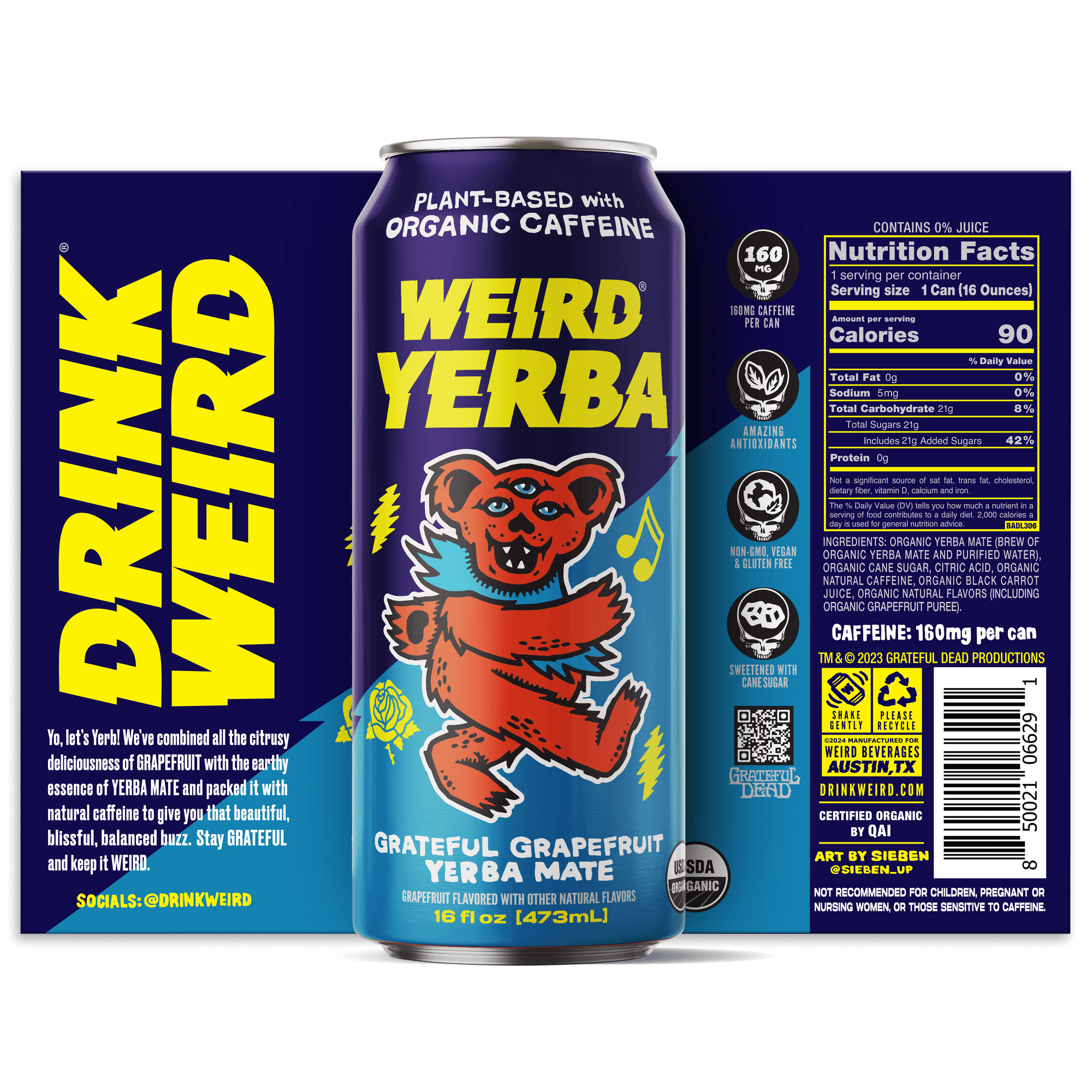 DRINK WEIRD OC Yerba Mate 12 Count Case Organic Grateful Grapefruit Yerba Mate DRINK WEIRD x GRATEFUL DEAD - Organic Grateful Grapefruit Yerba 50015