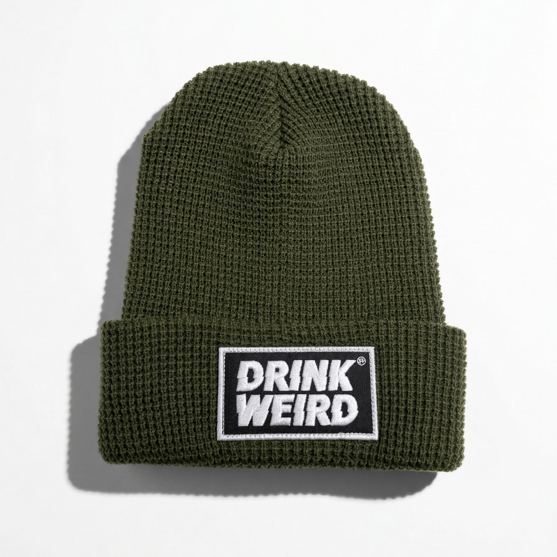 Weird Beverages Hat Drink Weird Patch Beanie - Army Green Drink Weird Beanie - Drink Weird Beanie | Waffle Knit, One Size Beanie-Waffle-Patch-Forest