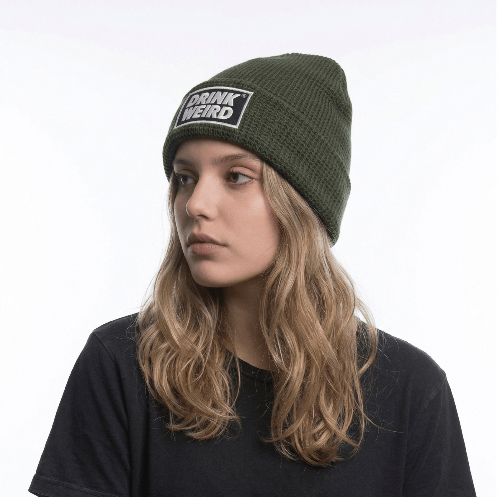 Weird Beverages Hat Drink Weird Patch Beanie - Army Green Drink Weird Beanie - Drink Weird Beanie | Waffle Knit, One Size Beanie-Waffle-Patch-Forest
