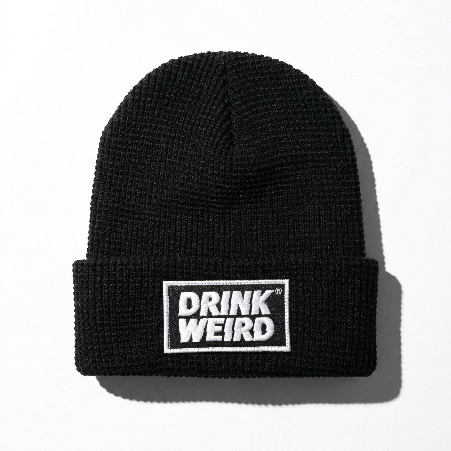 Weird Beverages Hat Drink Weird Patch Beanie - Black Drink Weird Beanie - drink weird beanie | Waffle Knit, One Size Beanie-Waffle-Patch-Black